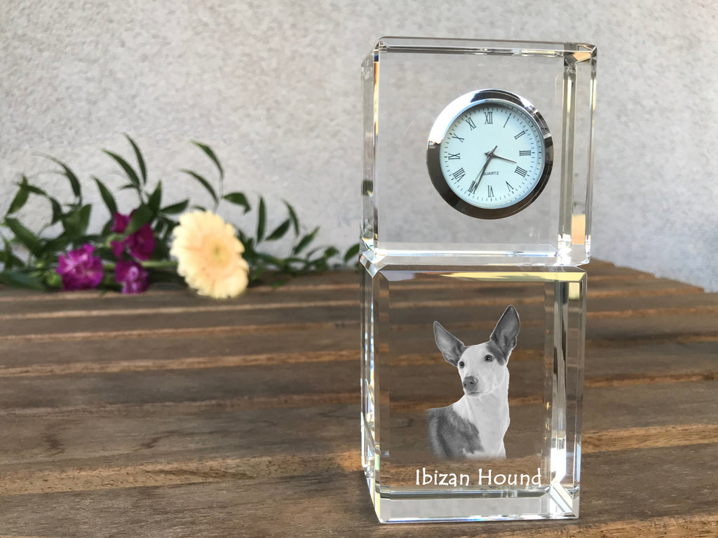 Ibizan Hound, Ibizan Podenco, Ibizan Warren Hound - crystal clock with a photo, a photo of a dog in crystal, personalized desk clock by Art-Dog brand