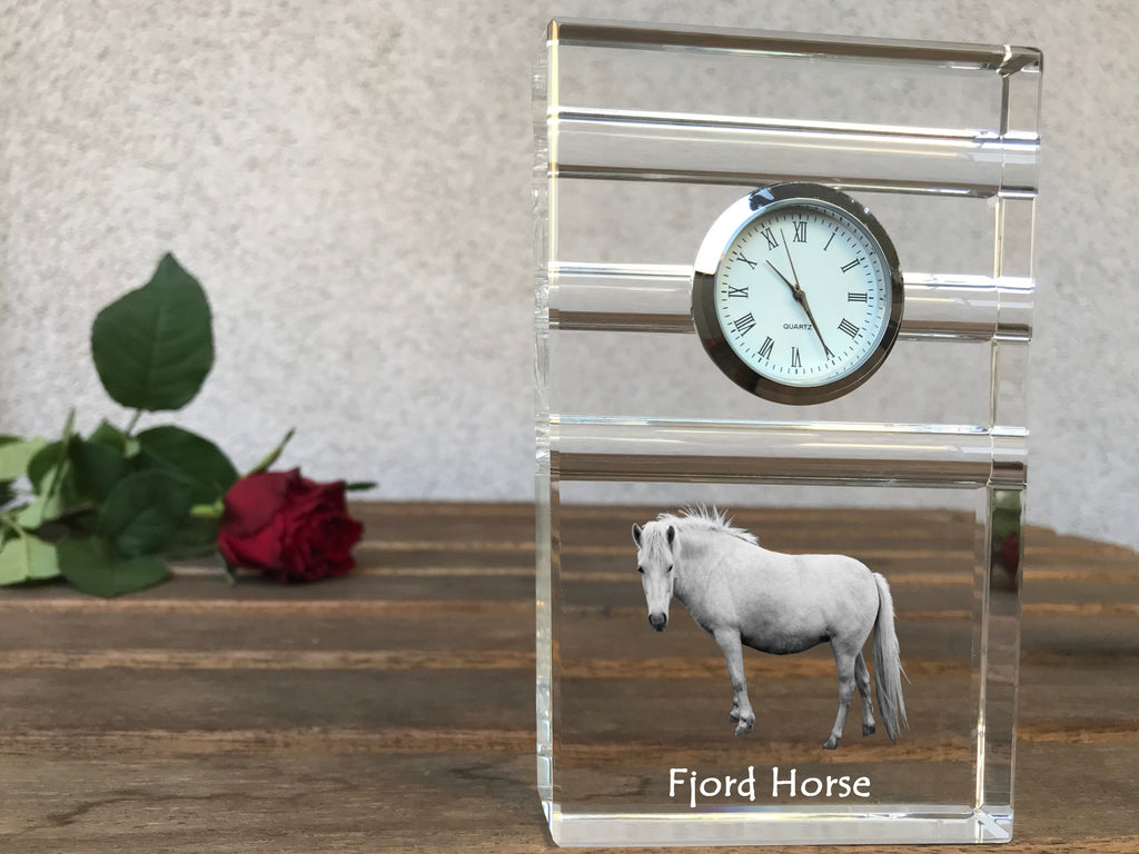Fjord Horse - glass clock with a photo, photo of a horse in crystal, personalized standing office clock by Art-Dog brand