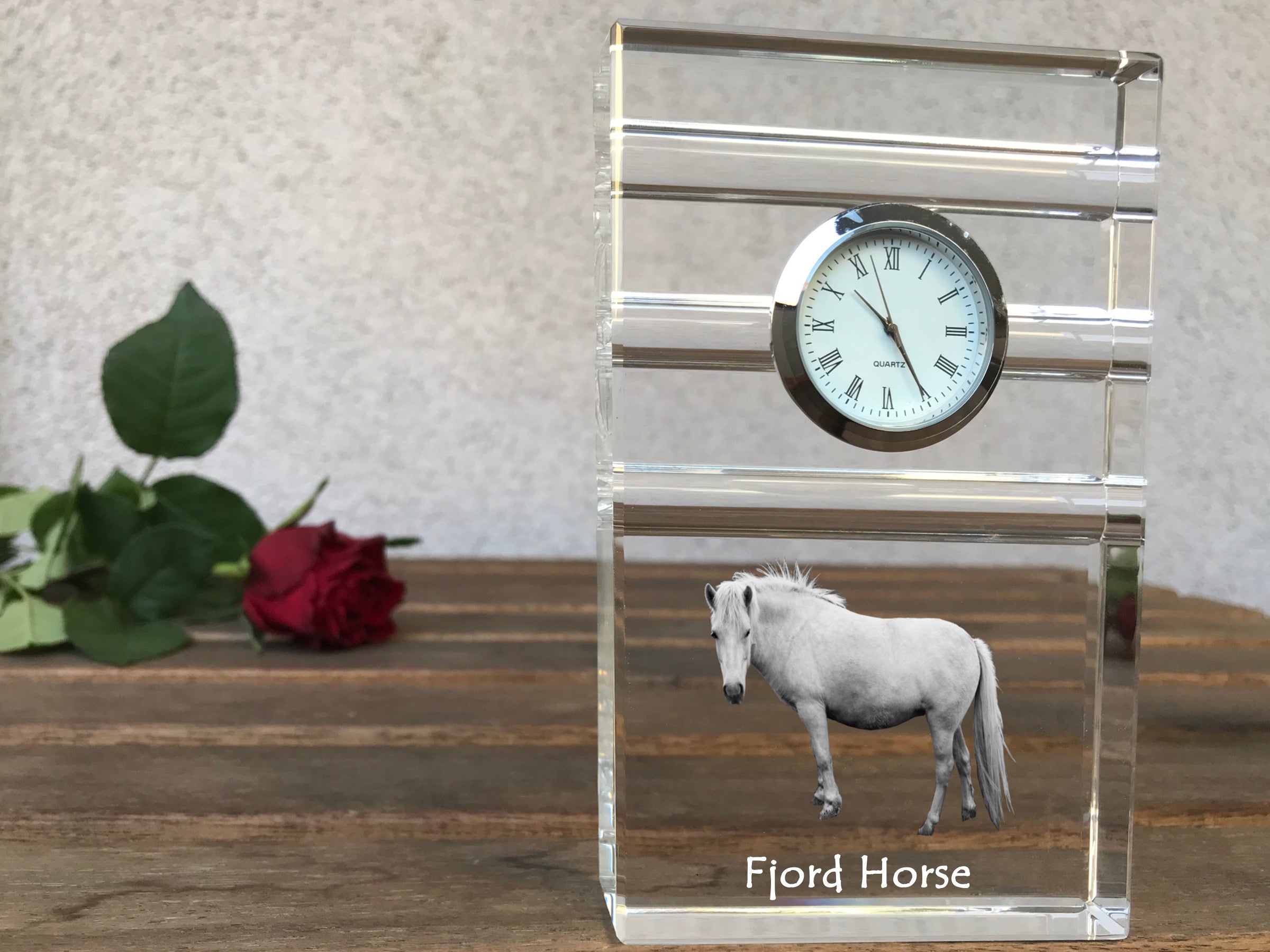 Fjord Horse - glass clock with a photo, photo of a horse in crystal, personalized standing office clock by Art-Dog brand