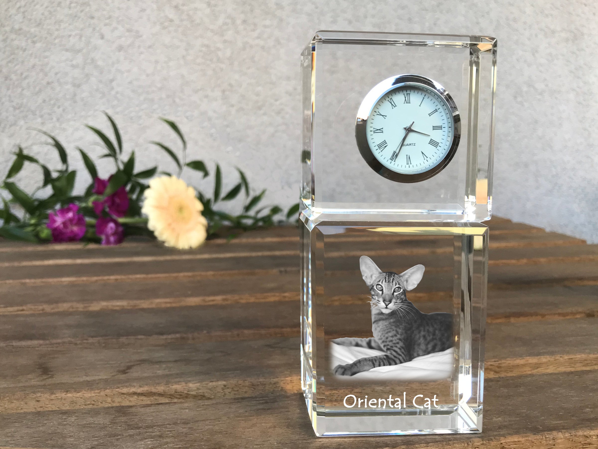 Oriental - crystal clock with a photo, photo of a cat in crystal, personalized desk clock by Art-Dog brand