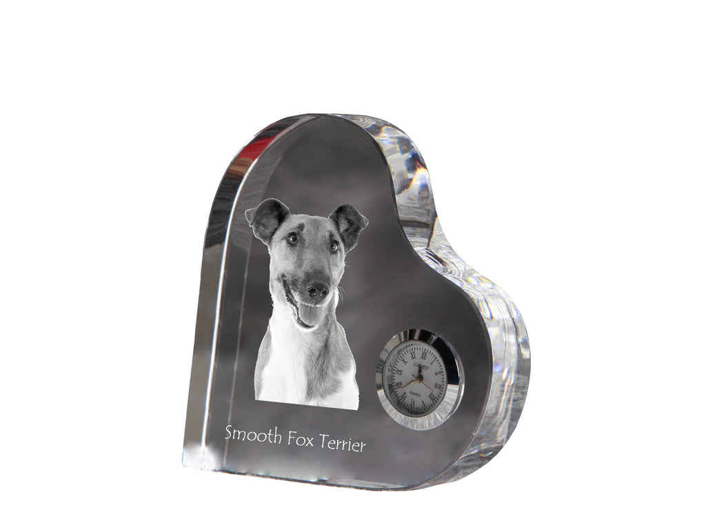 Fox Terrier Smooth - crystal clock with a dog picture, heart-shaped shelf clock, personalized standing clock by Art-Dog brand