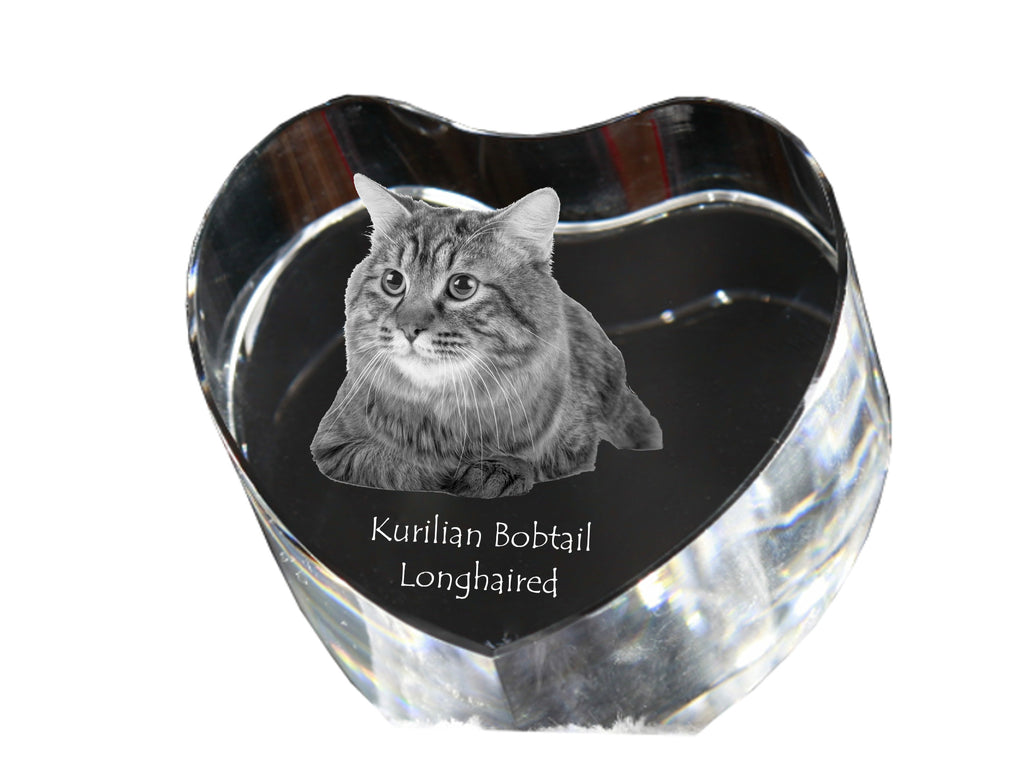 Kurilian bobtail longhaired - crystal clock with a picture of a cat, heart-shaped shelf clock, personalized standing clock by Art-Dog brand