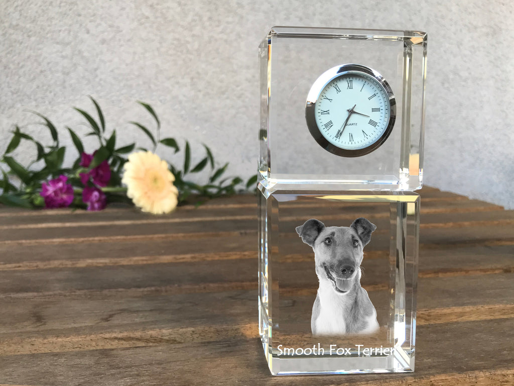 Fox Terrier Smooth - crystal clock with a photo, a photo of a dog in crystal, personalized desk clock by Art-Dog brand