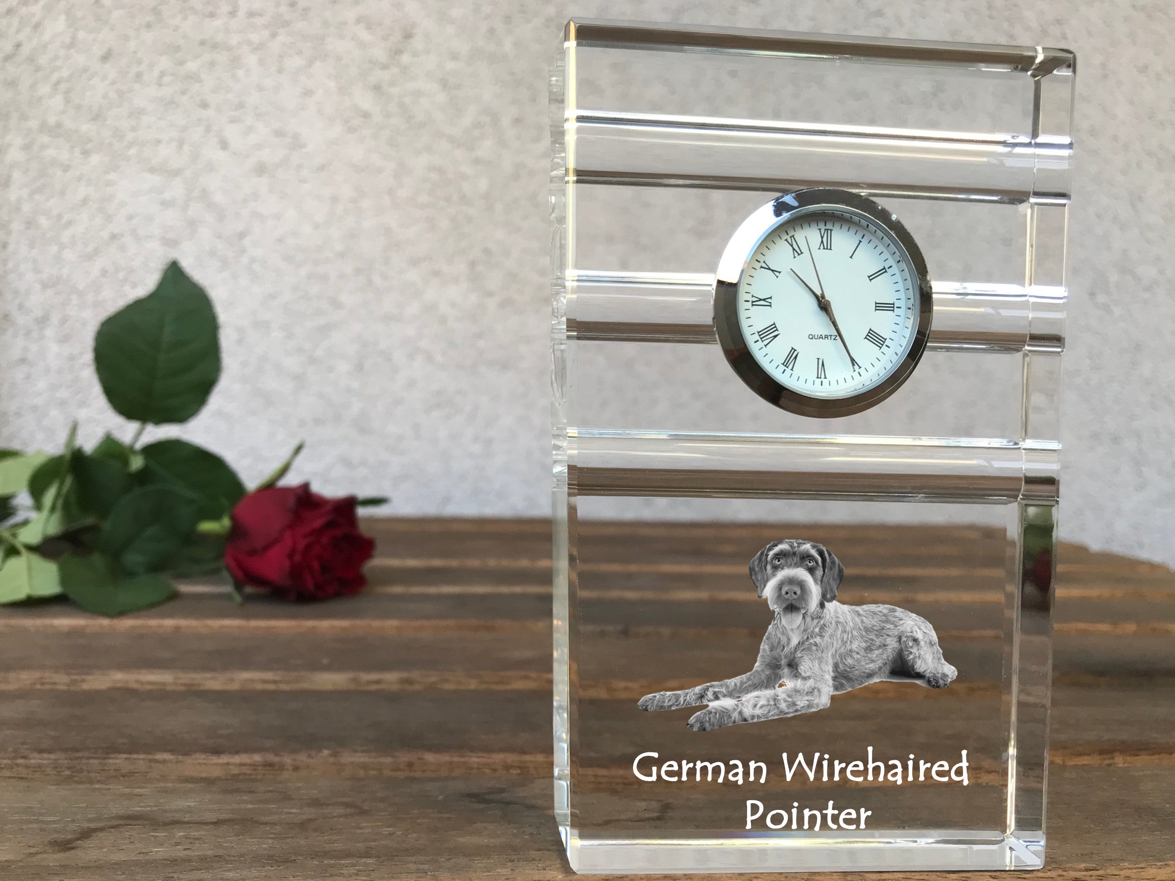 German Wirehaired Pointer - glass clock with a photo, photo of a dog in crystal, personalized standing office clock by Art-Dog brand