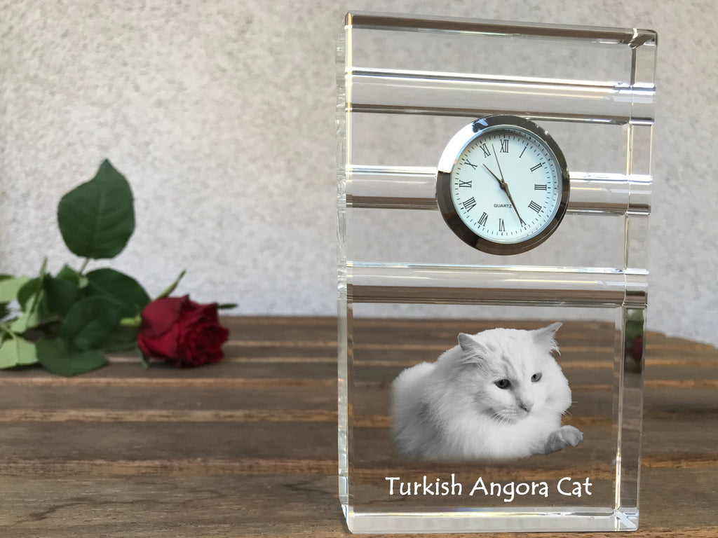 Turkish Angora - glass clock with a photo, photo of a cat in crystal, personalized standing office clock by Art-Dog brand