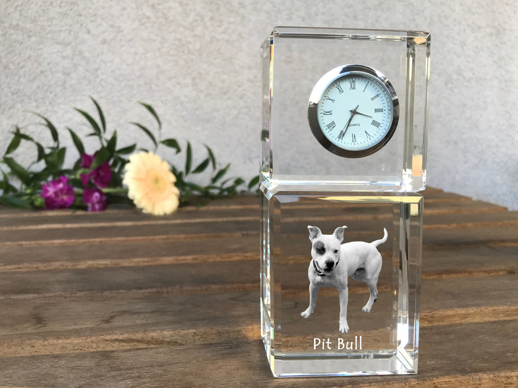 Pit Bull, American Pit Bull Terrier, Pitbull Terrier, APBT - crystal clock with a photo, a photo of a dog in crystal, personalized desk clock by Art-Dog brand
