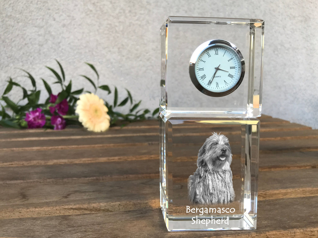 Bergamasco Shepherd Dog, Bergamasco Sheepdog - crystal clock with a photo, a photo of a dog in crystal, personalized desk clock by Art-Dog brand