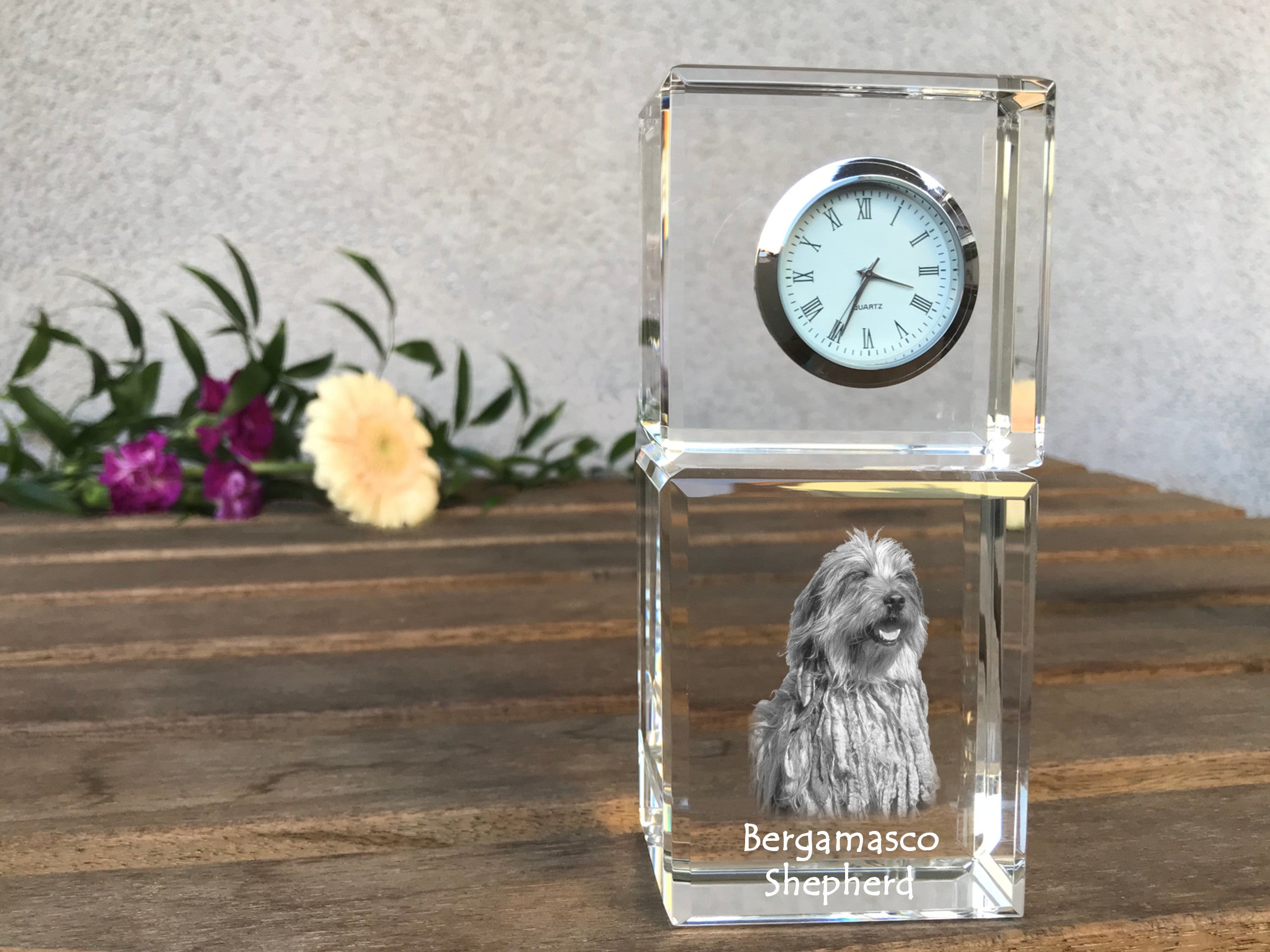 Bergamasco Shepherd Dog, Bergamasco Sheepdog - crystal clock with a photo, a photo of a dog in crystal, personalized desk clock by Art-Dog brand