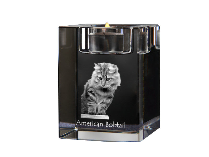 American Bobtail - Candle holder with cat photo, crystal tealight holder, personalised gift by Art-Dog brand
