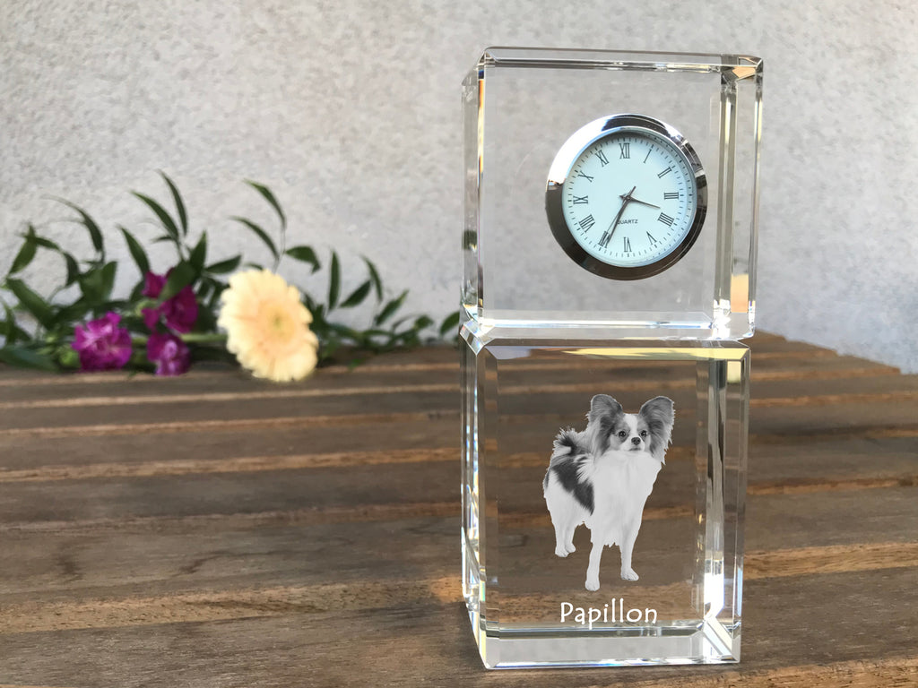 Papillon, Continental Toy Spaniel, Butterfly dog - crystal clock with a photo, a photo of a dog in crystal, personalized desk clock by Art-Dog brand