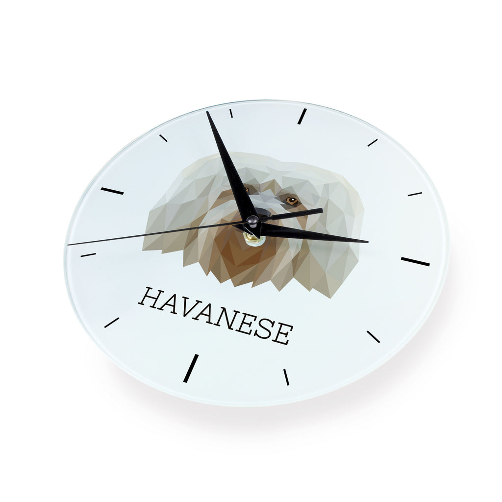 Havanese, Havanese Cuban Bichon, Bichón Havanés - geometric wall clock with a picture and the brand name Art-Dog