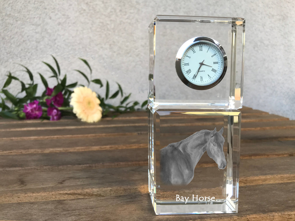 Bay Horse - crystal clock with a photo, photo of a horse in crystal, personalized desk clock by Art-Dog brand