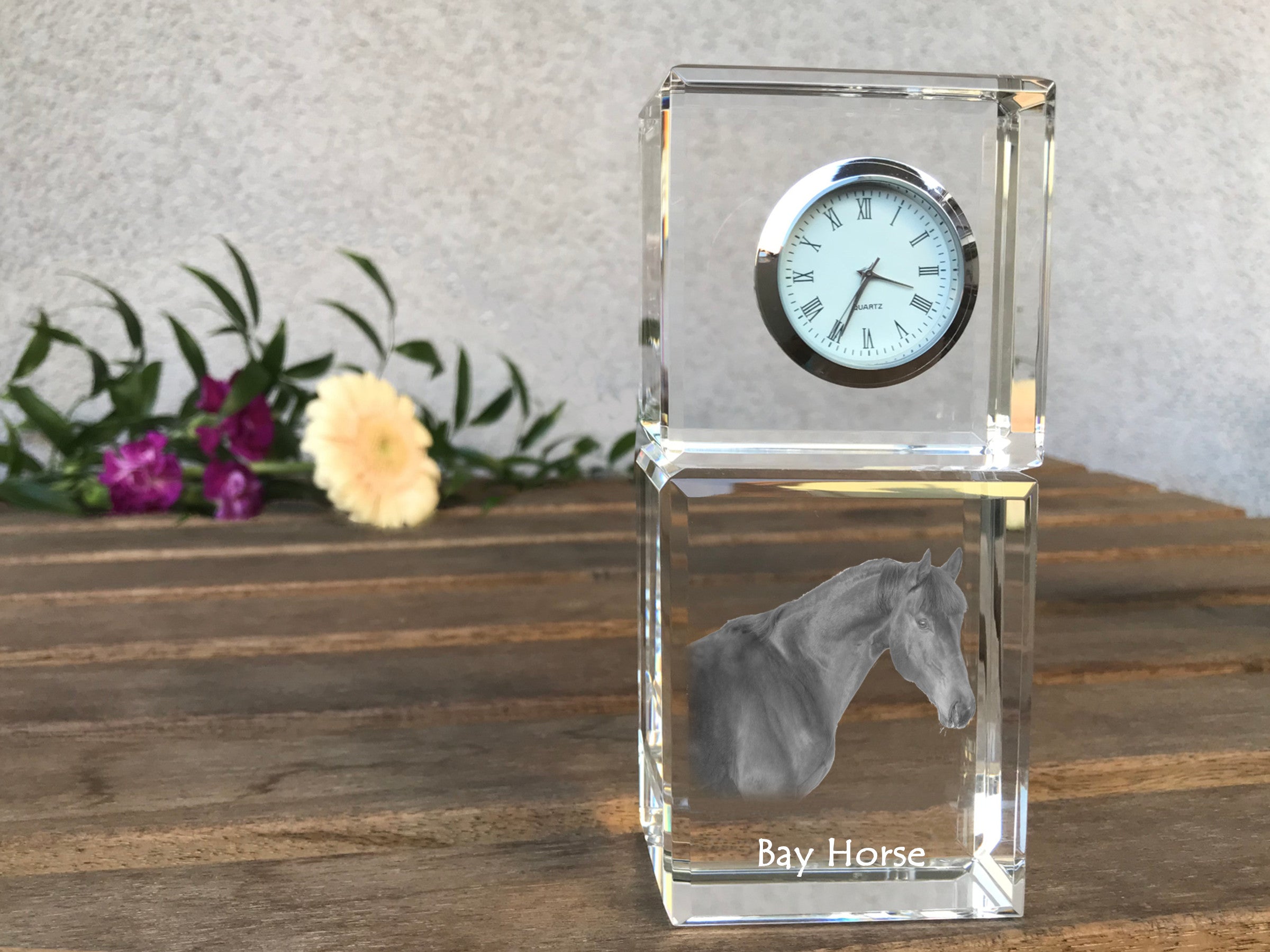 Bay Horse - crystal clock with a photo, photo of a horse in crystal, personalized desk clock by Art-Dog brand