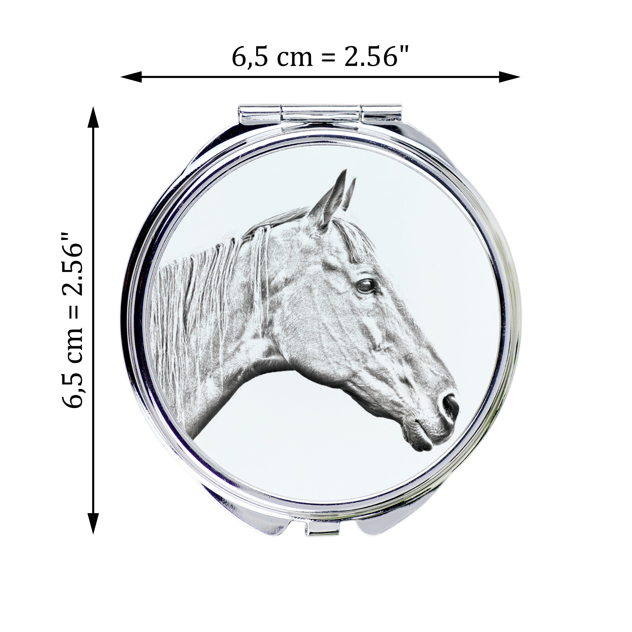 Retired Race Horse - pocket mirror with a horse, personalized mirror for a purse, compact mirror with Art-Dog brand print