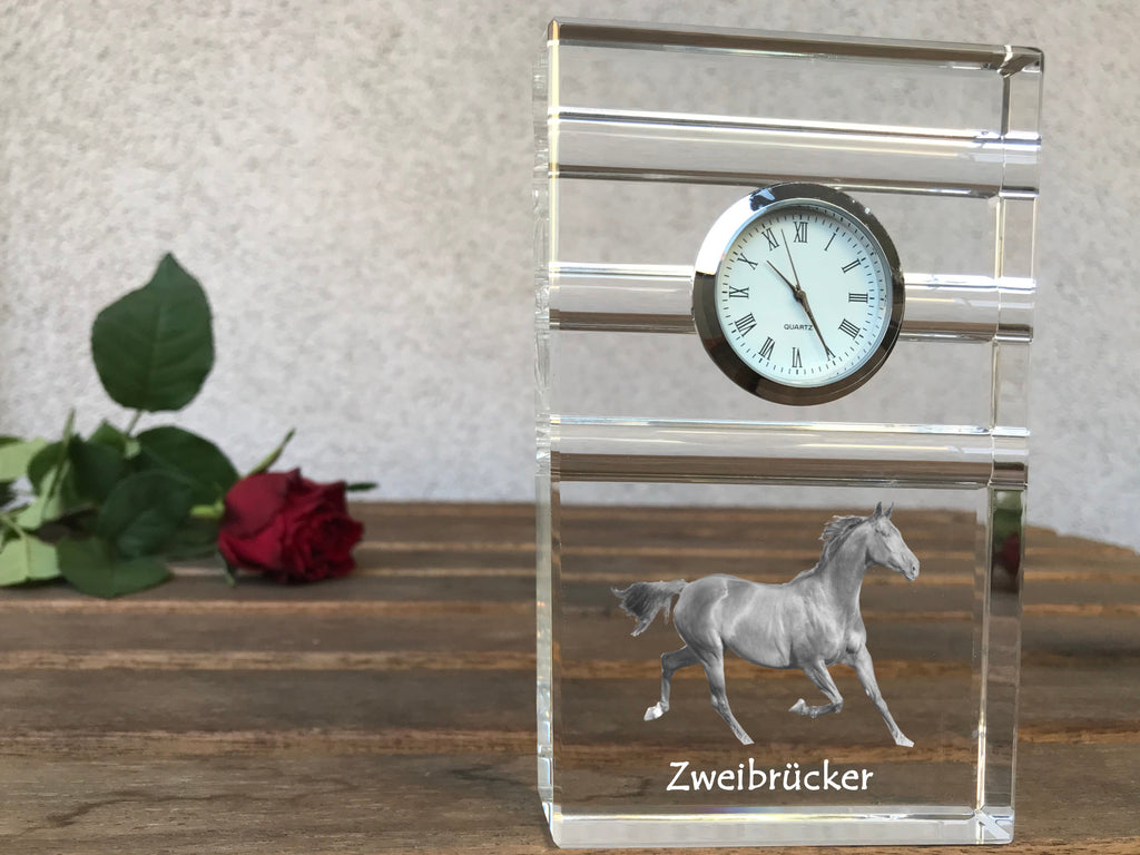 Zweibrücker - glass clock with a photo, photo of a horse in crystal, personalized standing office clock by Art-Dog brand