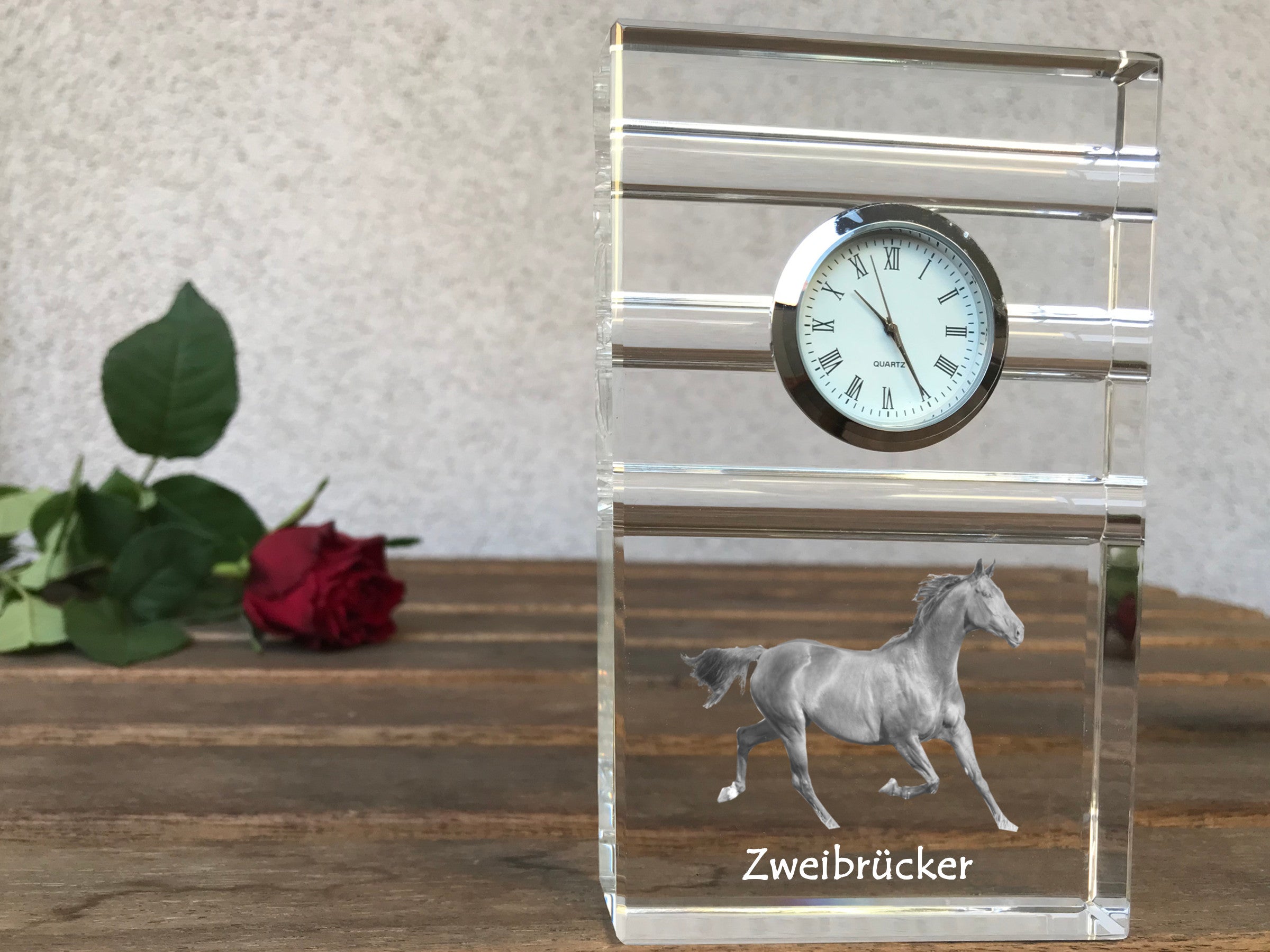 Zweibrücker - glass clock with a photo, photo of a horse in crystal, personalized standing office clock by Art-Dog brand