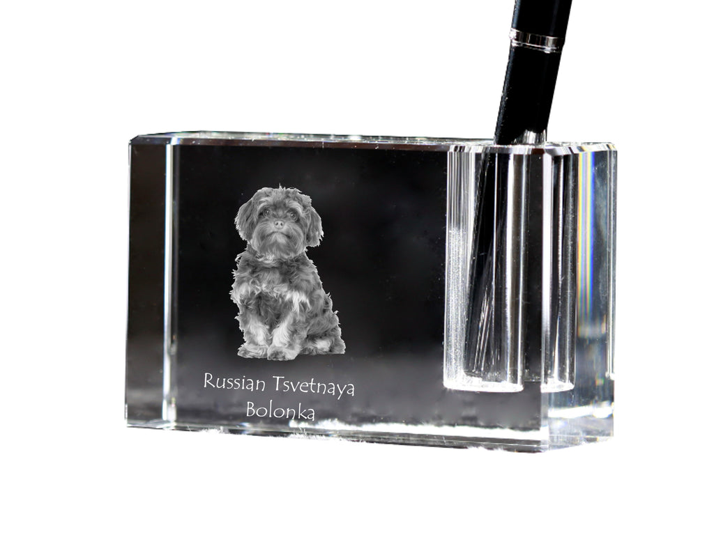 Bolonka, Russian Tsvetnaya Bolonka - Pen stand, crystal organiser with dog photo, unique desk decoration by Art-Dog brand