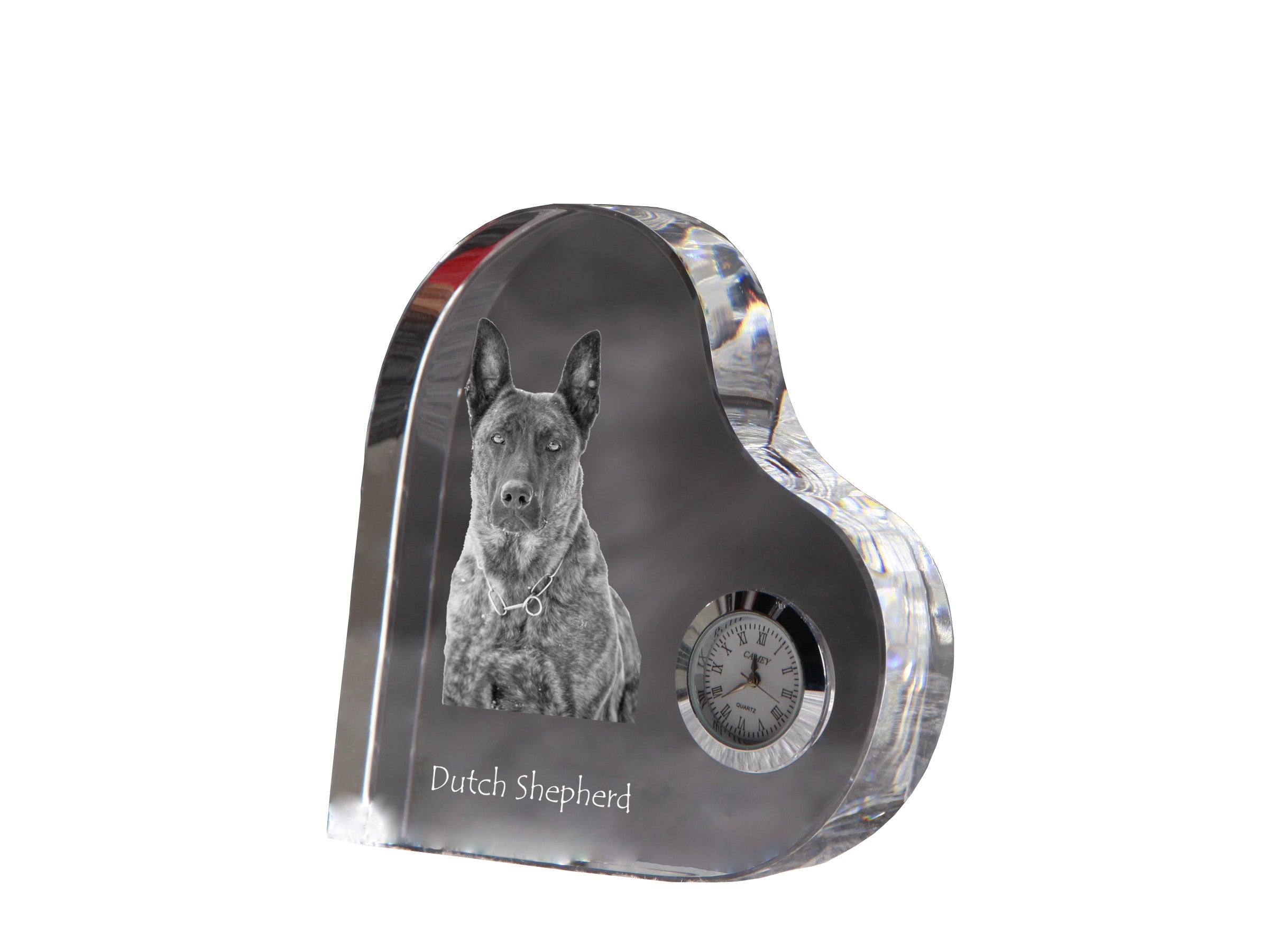 Dutch Shepherd Dog, Dutch Herder - crystal clock with a dog picture, heart-shaped shelf clock, personalized standing clock by Art-Dog brand