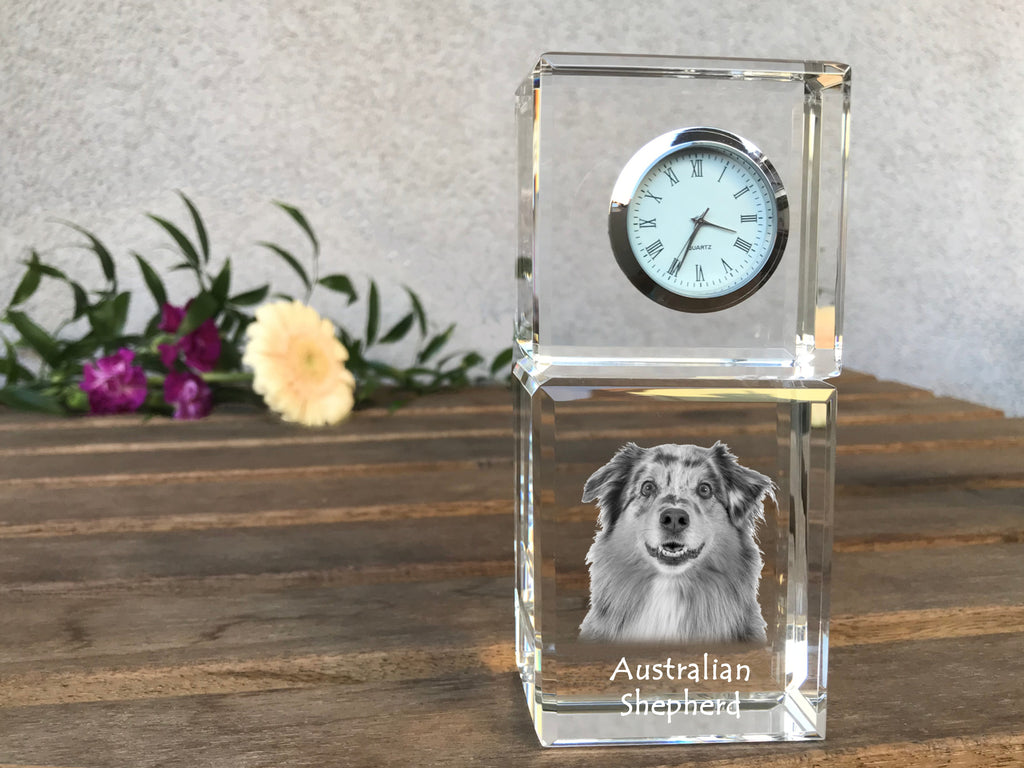 Australian Shepherd - crystal clock with a photo, a photo of a dog in crystal, personalized desk clock by Art-Dog brand