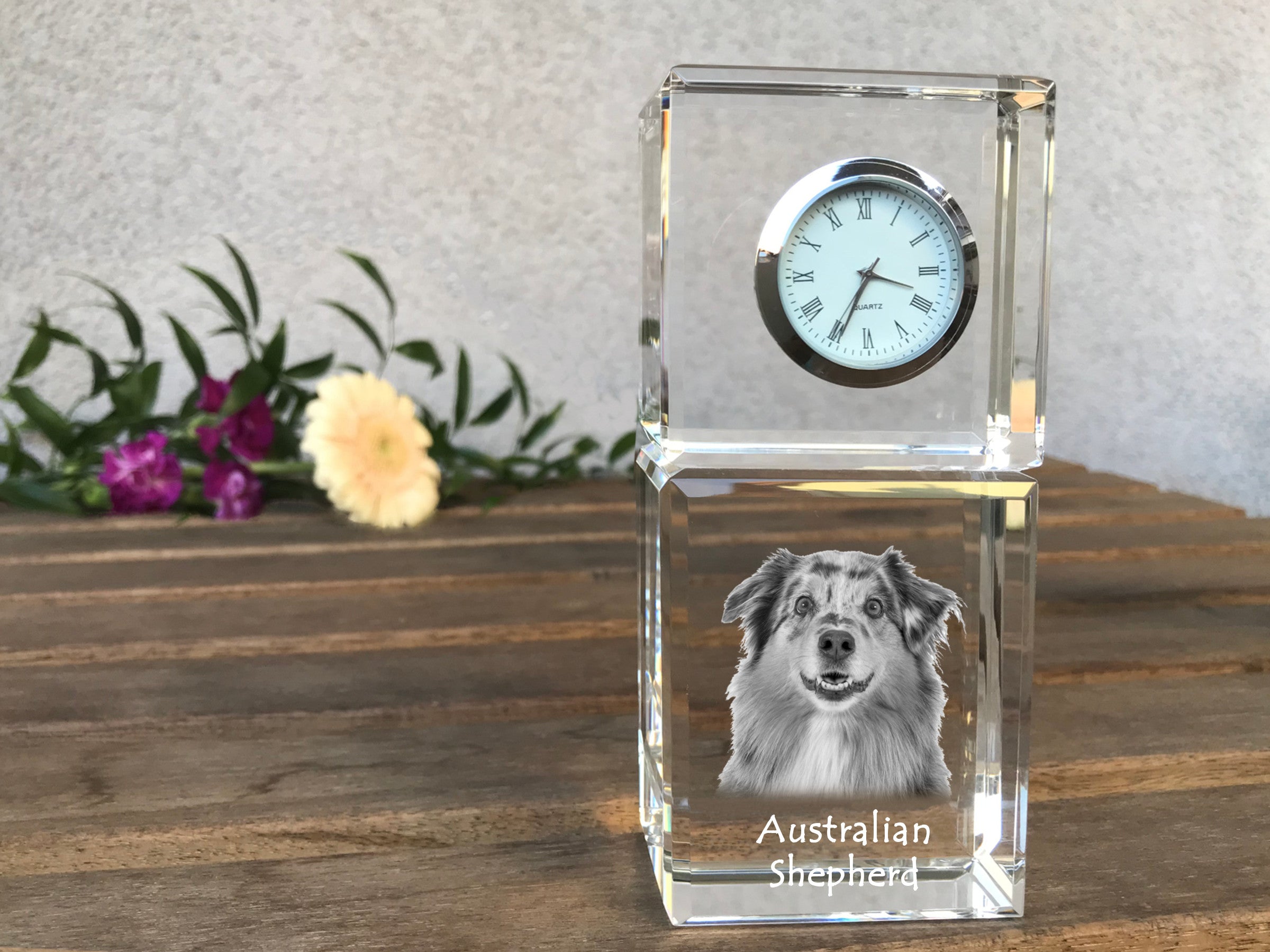 Australian Shepherd - crystal clock with a photo, a photo of a dog in crystal, personalized desk clock by Art-Dog brand