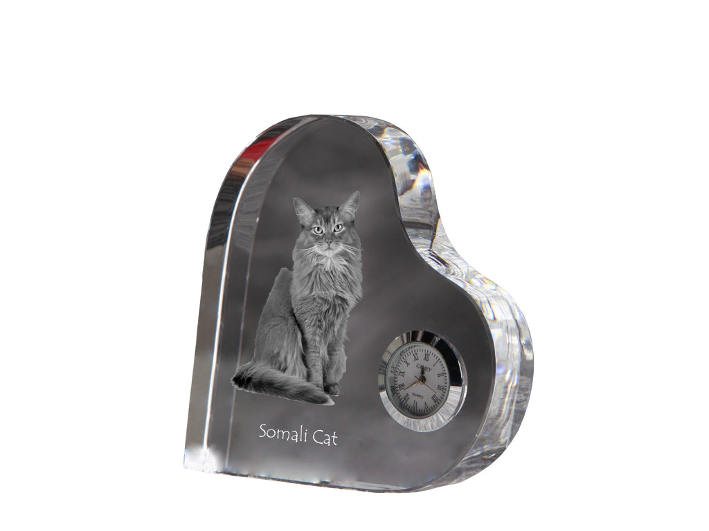 Somali - crystal clock with a picture of a cat, heart-shaped shelf clock, personalized standing clock by Art-Dog brand