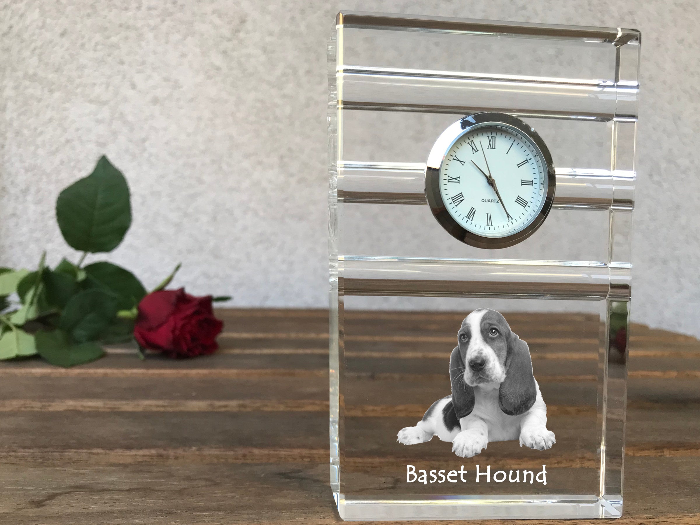 Basset Hound - glass clock with a photo, photo of a dog in crystal, personalized standing office clock by Art-Dog brand