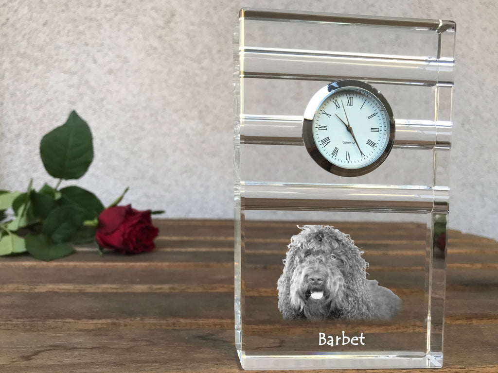 Barbet, French Water Dog - glass clock with a photo, photo of a dog in crystal, personalized standing office clock by Art-Dog brand