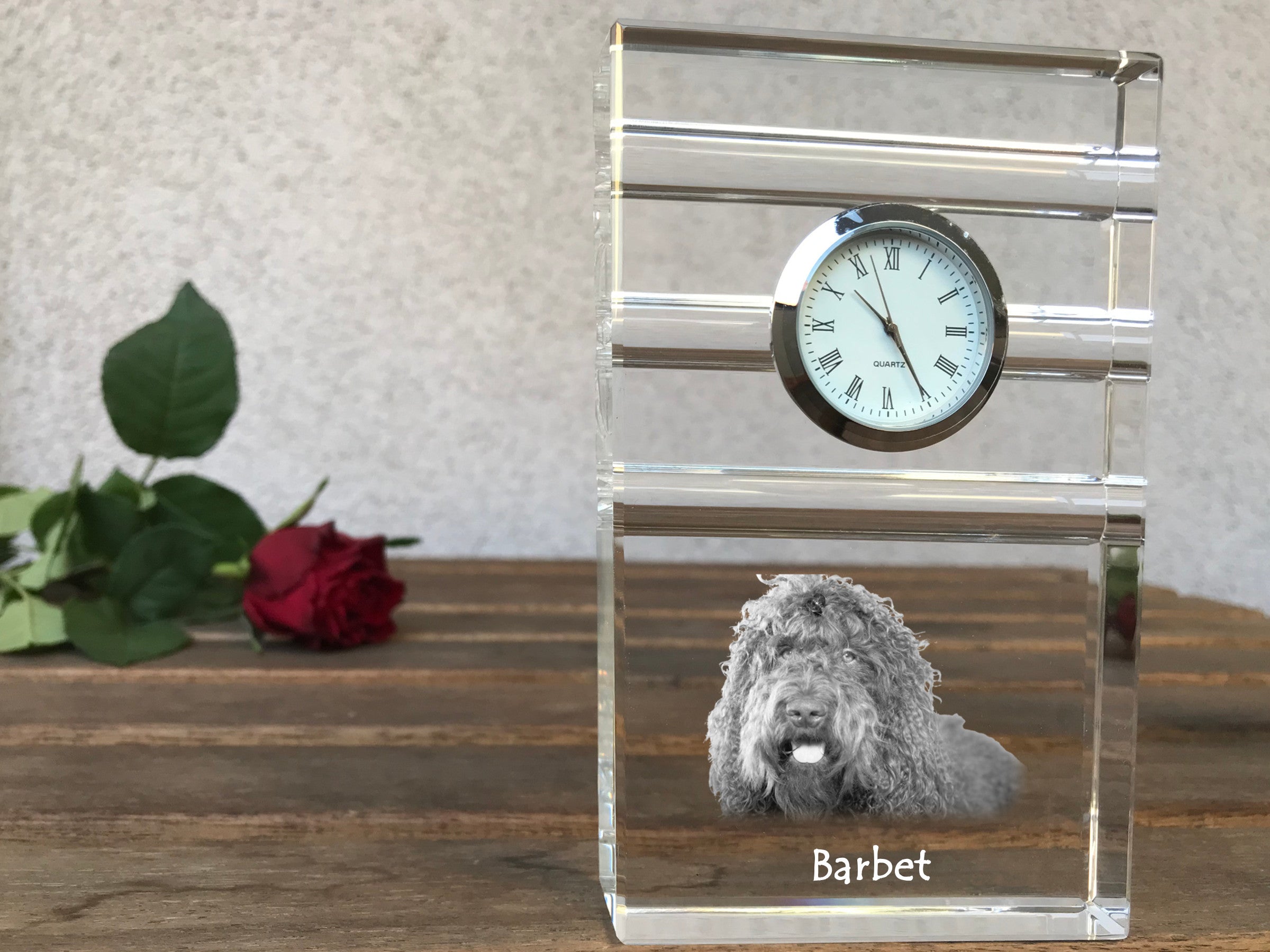 Barbet, French Water Dog - glass clock with a photo, photo of a dog in crystal, personalized standing office clock by Art-Dog brand