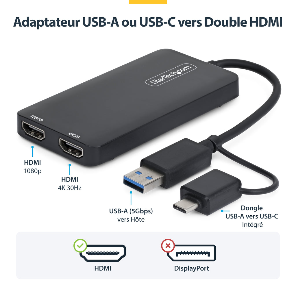 StarTech.com Adaptateur USB vers Double HDMI - USB A/C vers 2 Écrans HDMI (1x 4K30Hz, 1x 1080p) - Dongle Intégré USB-A v