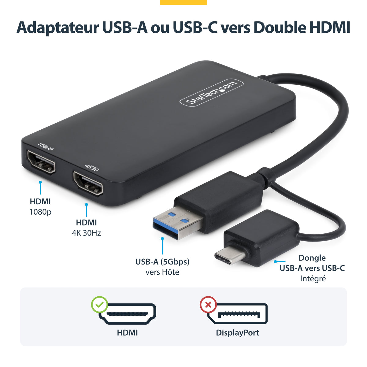 StarTech.com Adaptateur USB vers Double HDMI - USB A/C vers 2 Écrans HDMI (1x 4K30Hz, 1x 1080p) - Dongle Intégré USB-A v