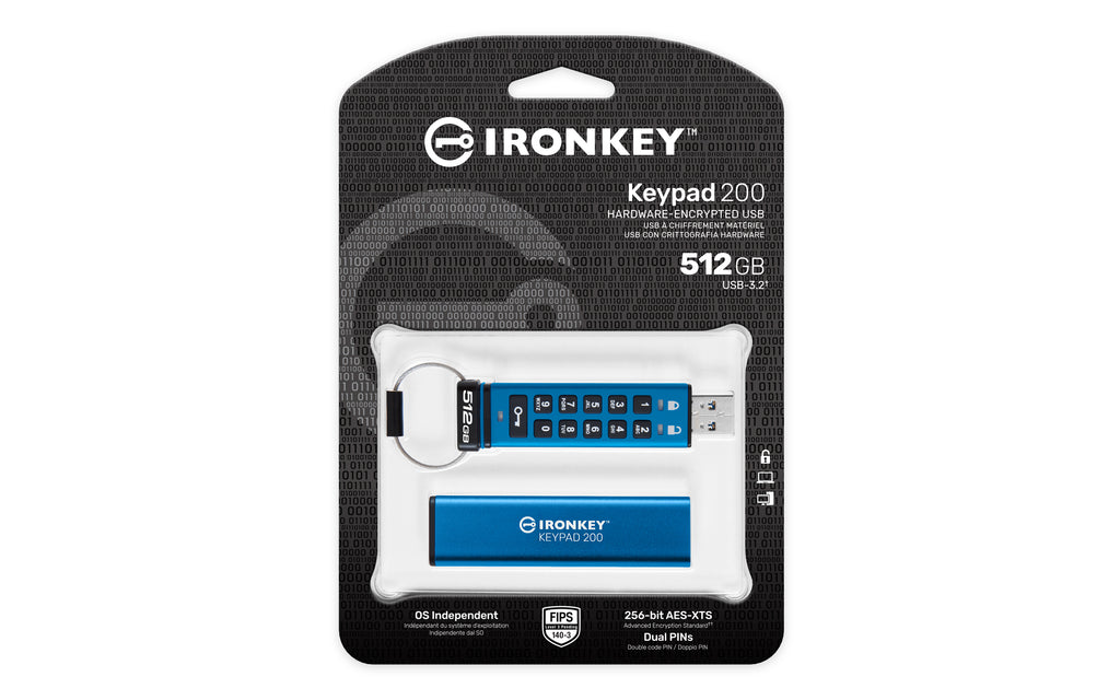 Kingston Technology IronKey Keypad 200 de 512 Go, FIPS 140-3 niveau 3, chiffrement AES-256