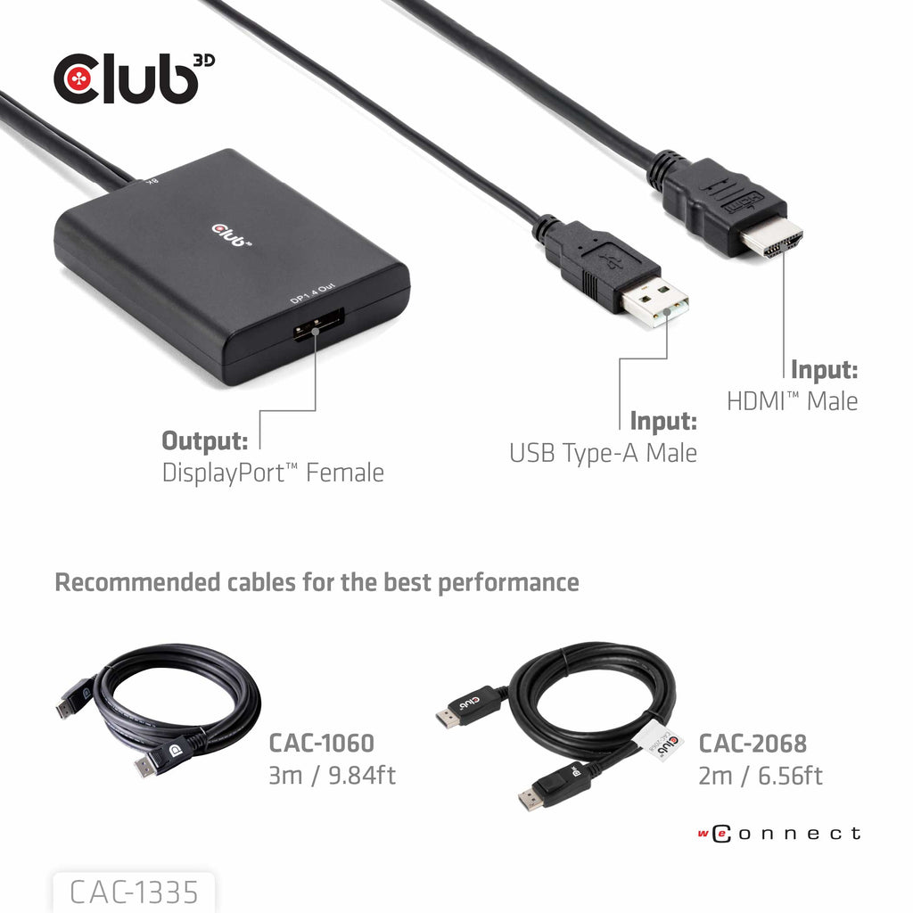 CLUB3D CAC-1335 Câble Adaptateur HDMI + USB vers DisplayPort, Noir, 1 m