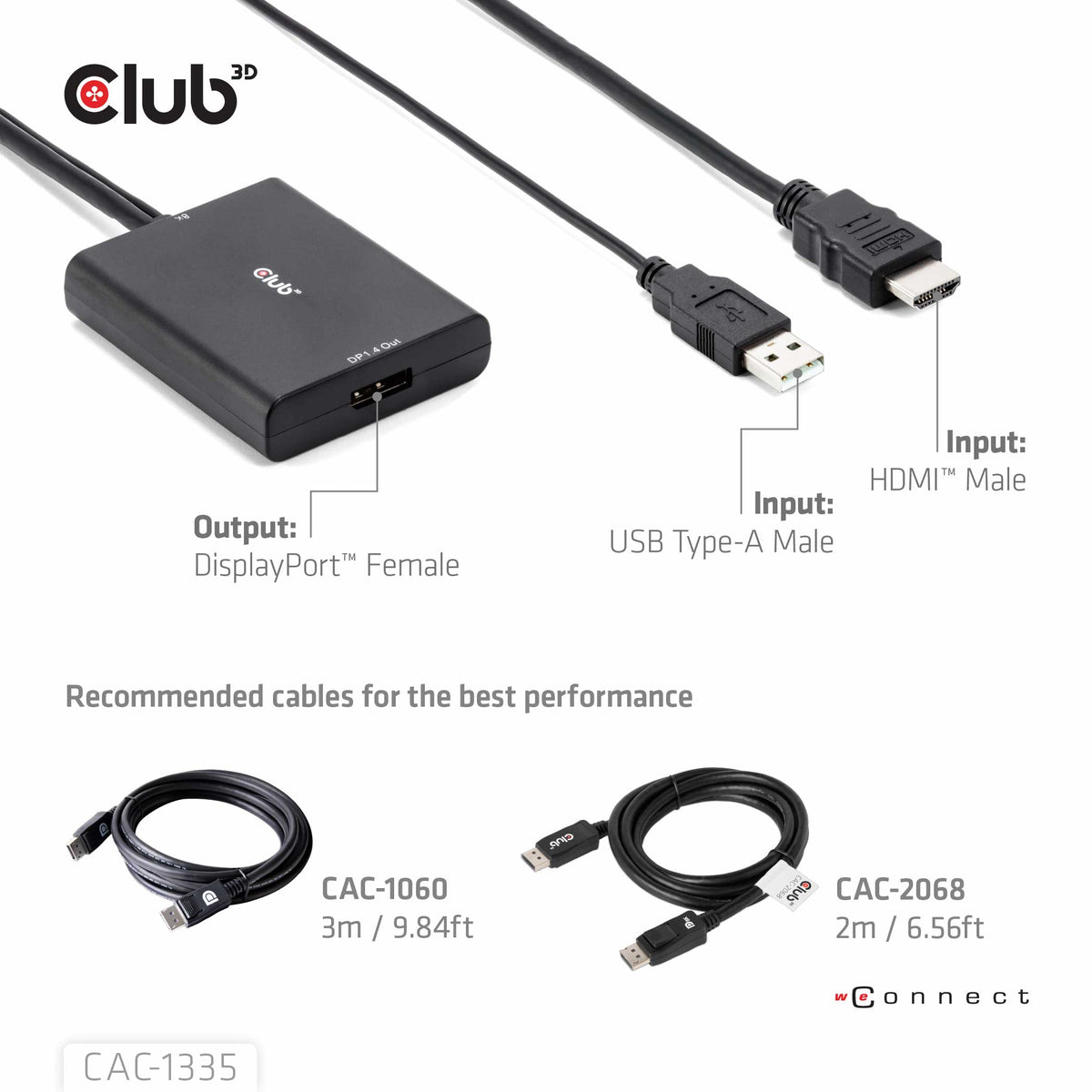 CLUB3D CAC-1335 Câble Adaptateur HDMI + USB vers DisplayPort, Noir, 1 m