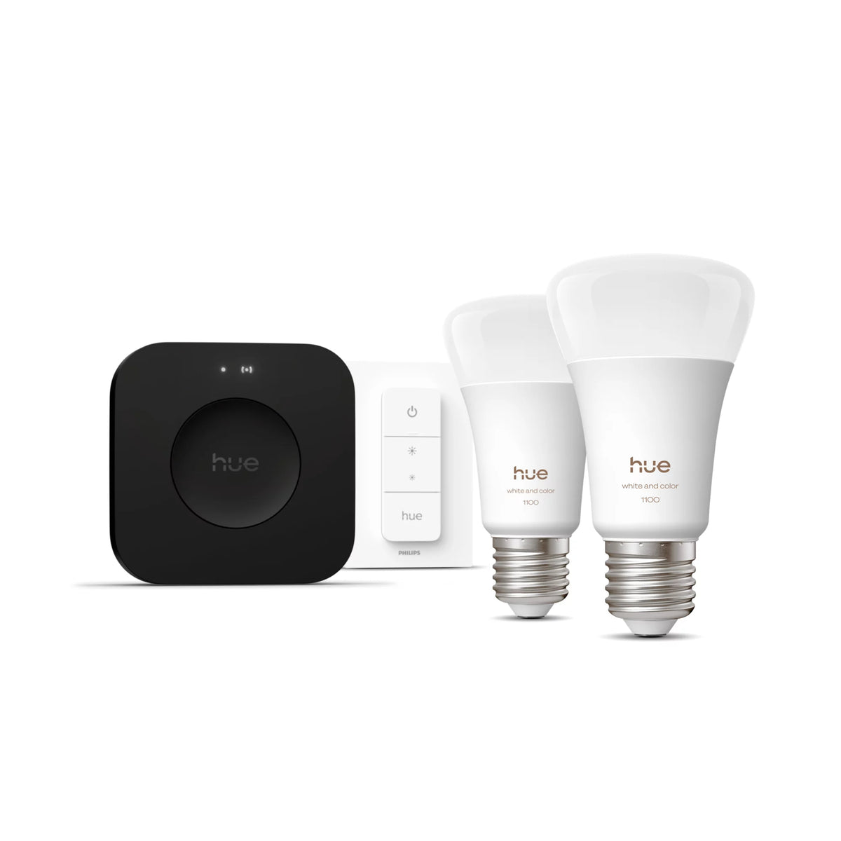 Philips Hue White and Color Ambiance Kit de démarrage, 2 Ampoules E27, Dimmer Switch et Hue Bridge Pro