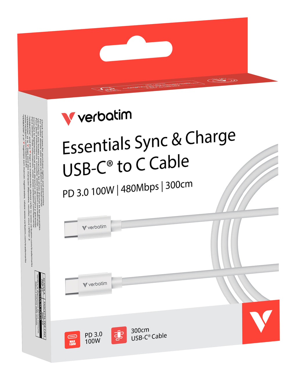 Verbatim 32409 Câble USB-C vers USB-C 3m, USB 2.0, 100W, Blanc