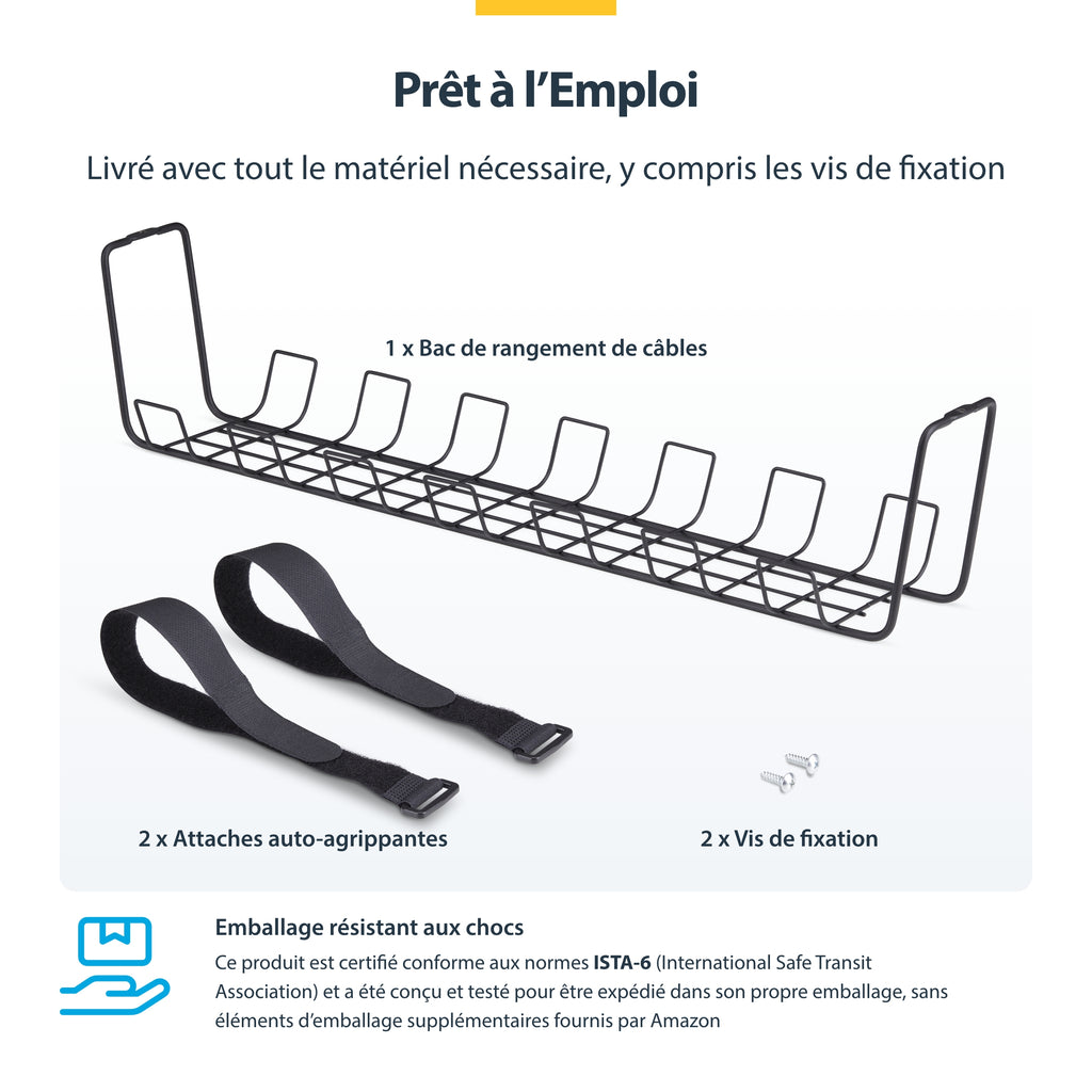 StarTech.com Bac de Rangement de Câbles sous Bureau, 61,5cm, Organiseur Métallique Type Panier, Noir