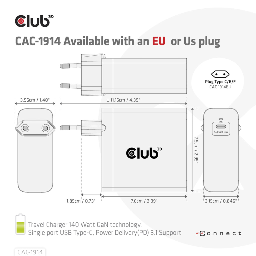 Club 3D CAC-1914EU Adaptateur d'Alimentation GaN 140W