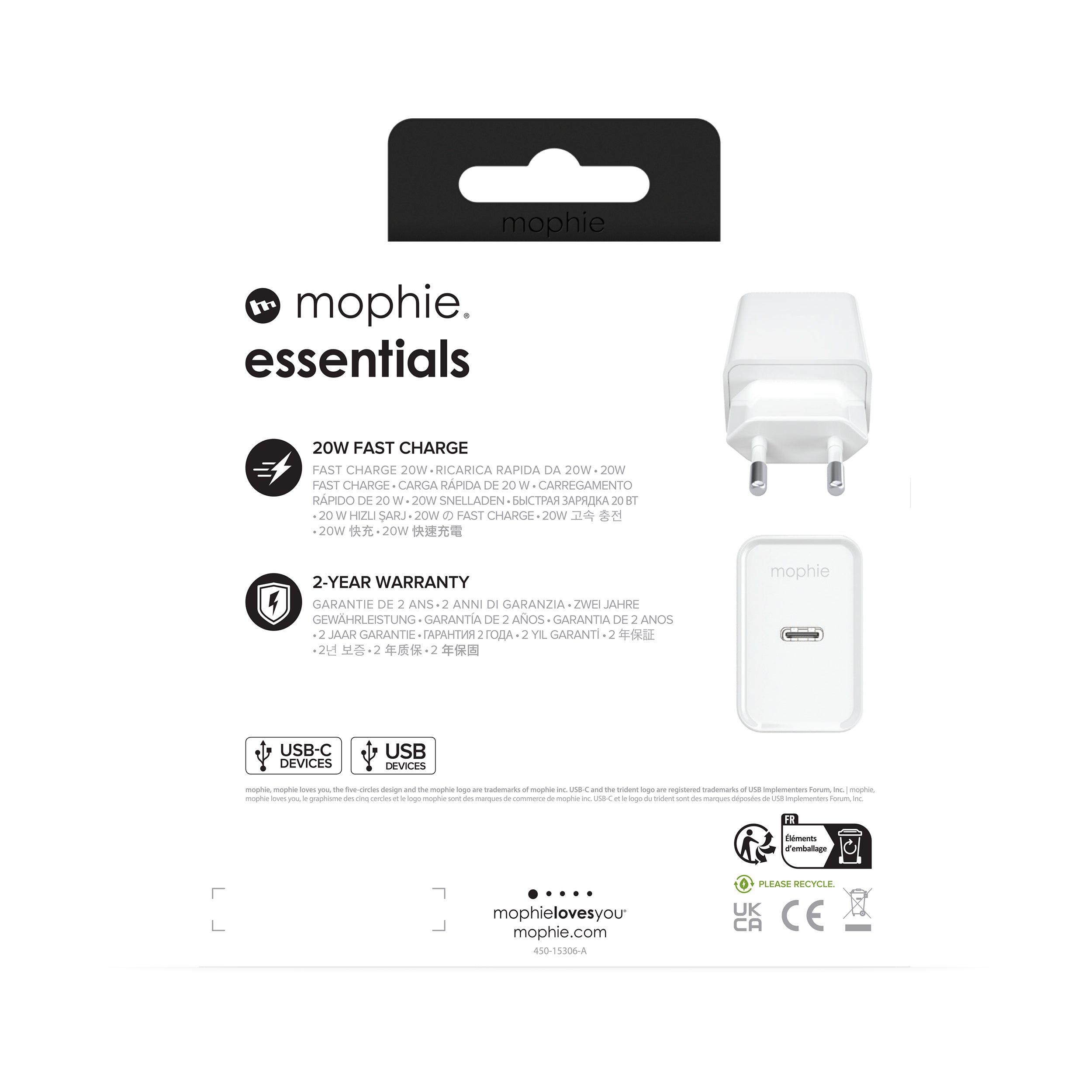 mophie essentials 20W USB-C PD wall adapter Universel Blanc Secteur Charge rapide Intérieure