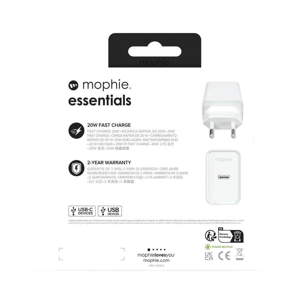 mophie essentials 20W USB-C PD wall adapter Universel Blanc Secteur Charge rapide Intérieure