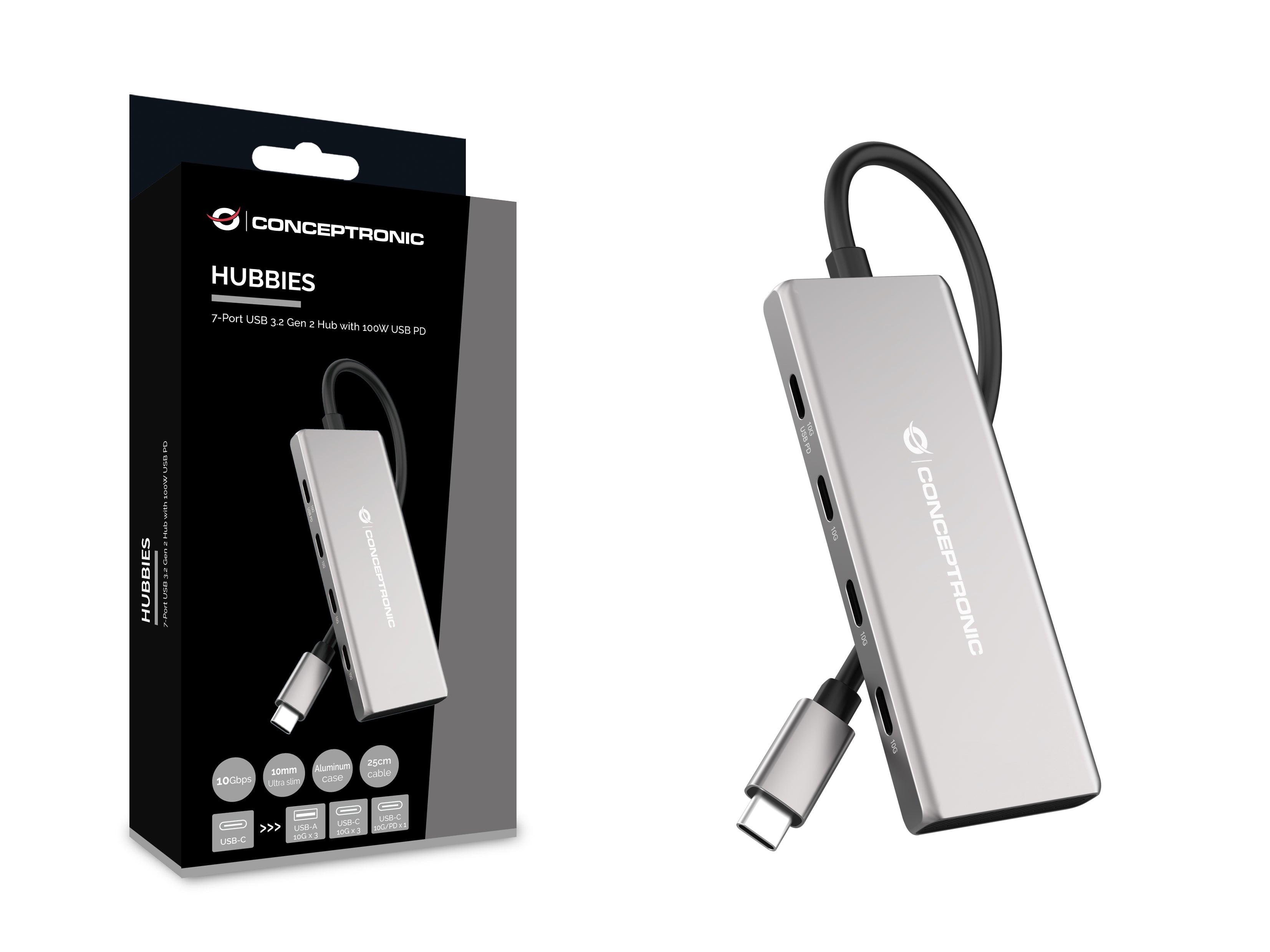 Conceptronic HUBBIES17G hub & concentrateur USB 3.2 Gen 2 (3.1 Gen 2) Type-C 10000 Mbit/s Gris