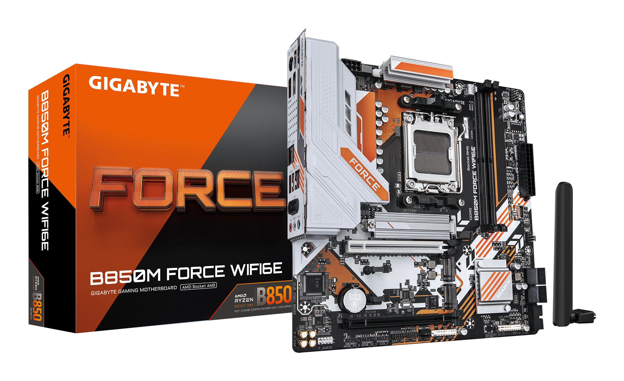 GIGABYTE B850M FORCE WIFI6E Carte Mère – Compatible avec les processeurs AMD Ryzen série 9000, VRM numérique 8+2+2 phases, jusqu’à 9600 MHz DDR5 (OC), 1 x M.2 PCIe 5.0 + 2 x M.2 PCIe 4.0, Wi-Fi 6E, LAN 2.5 GbE, USB 3.2 Gen 2