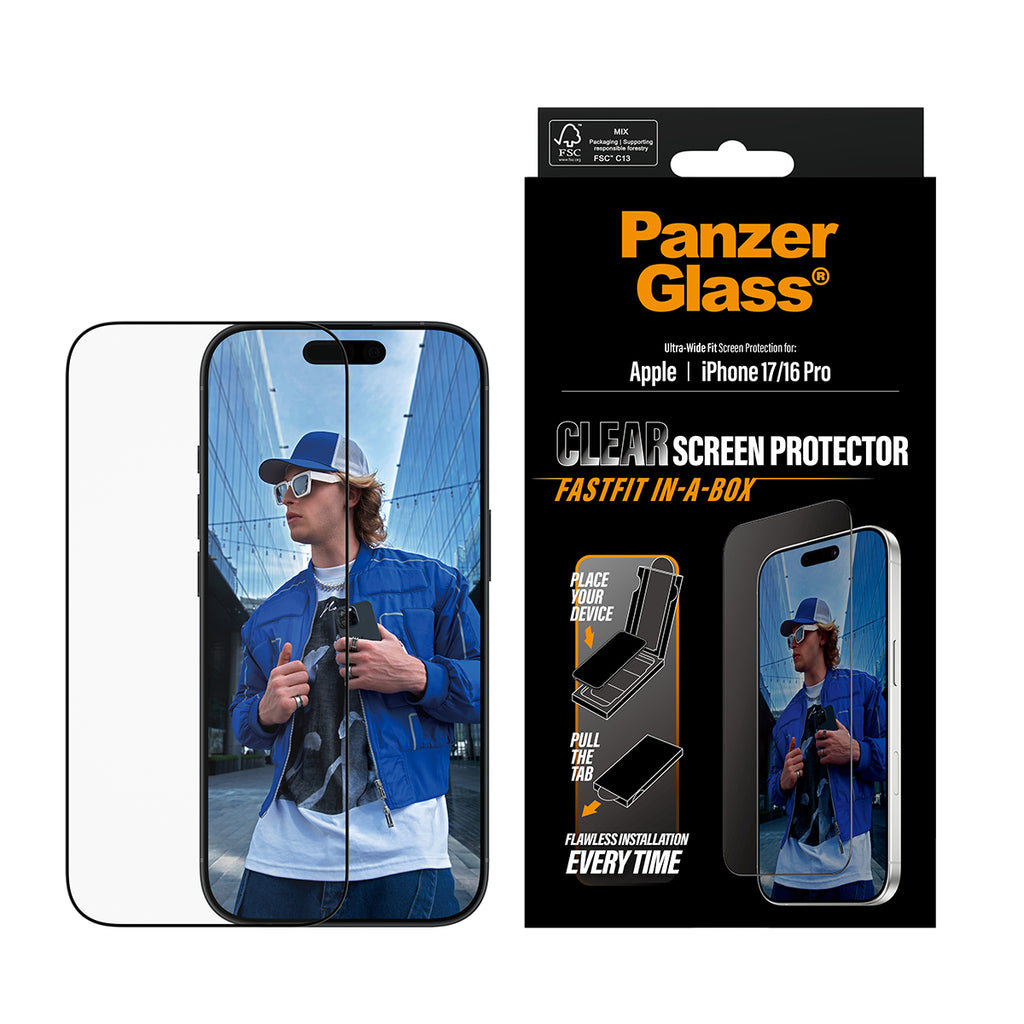 PanzerGlass ® Screen Protector iPhone 17 | iPhone 16 Pro | Ultra-Wide Fit w. Fastfit in-a-box Protection d'écran transparent Apple 1 pièce(s)