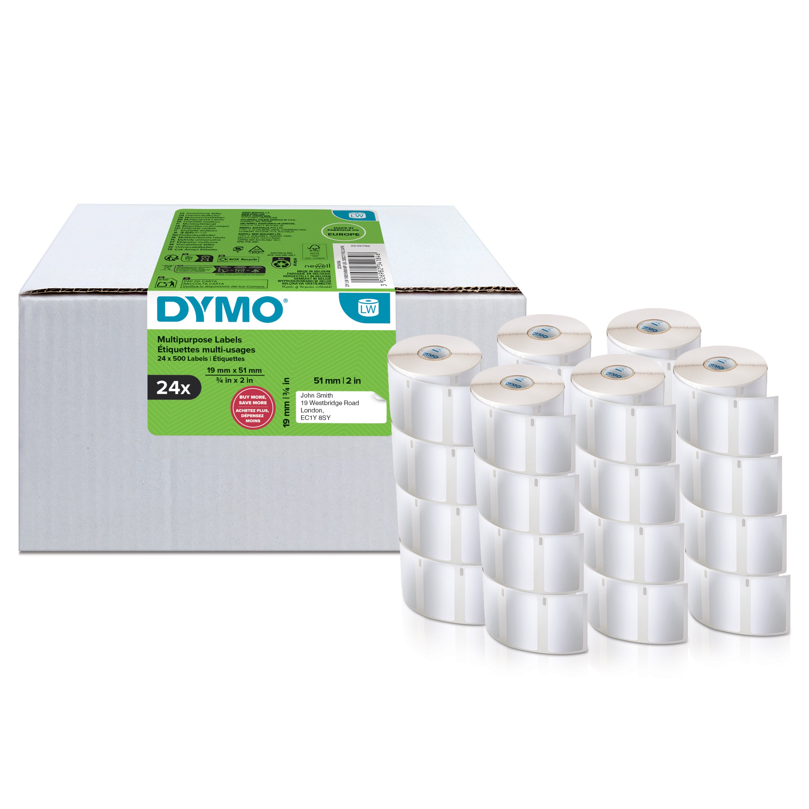 DYMO LW étiquettes autocollantes authentiques de retour/polyvalentes | 19 mm x 51 mm | 24 rouleaux 500 étiquettes faciles à décoller (lot de 12.000) | pour les étiqueteuses LabelWriter