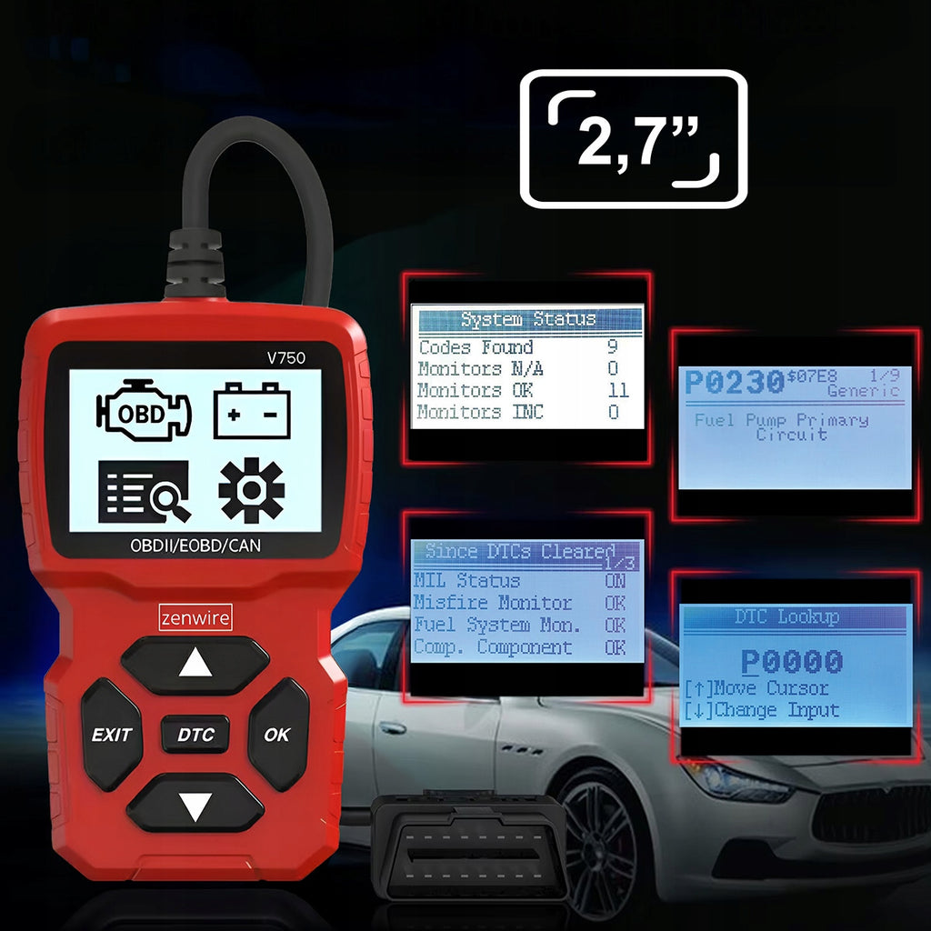Testeur, interface, scanner, ordinateur, écran de diagnostic OBD2, CAN, VIN, Zenwire V750