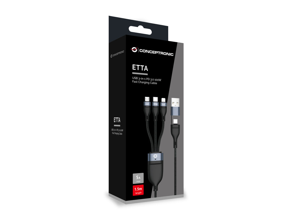 Conceptronic ETTA06B15 câble USB USB 2.0 1,5 m USB C USB C/Micro-USB B/Lightning 0,48 Gbit/s 100 W Noir