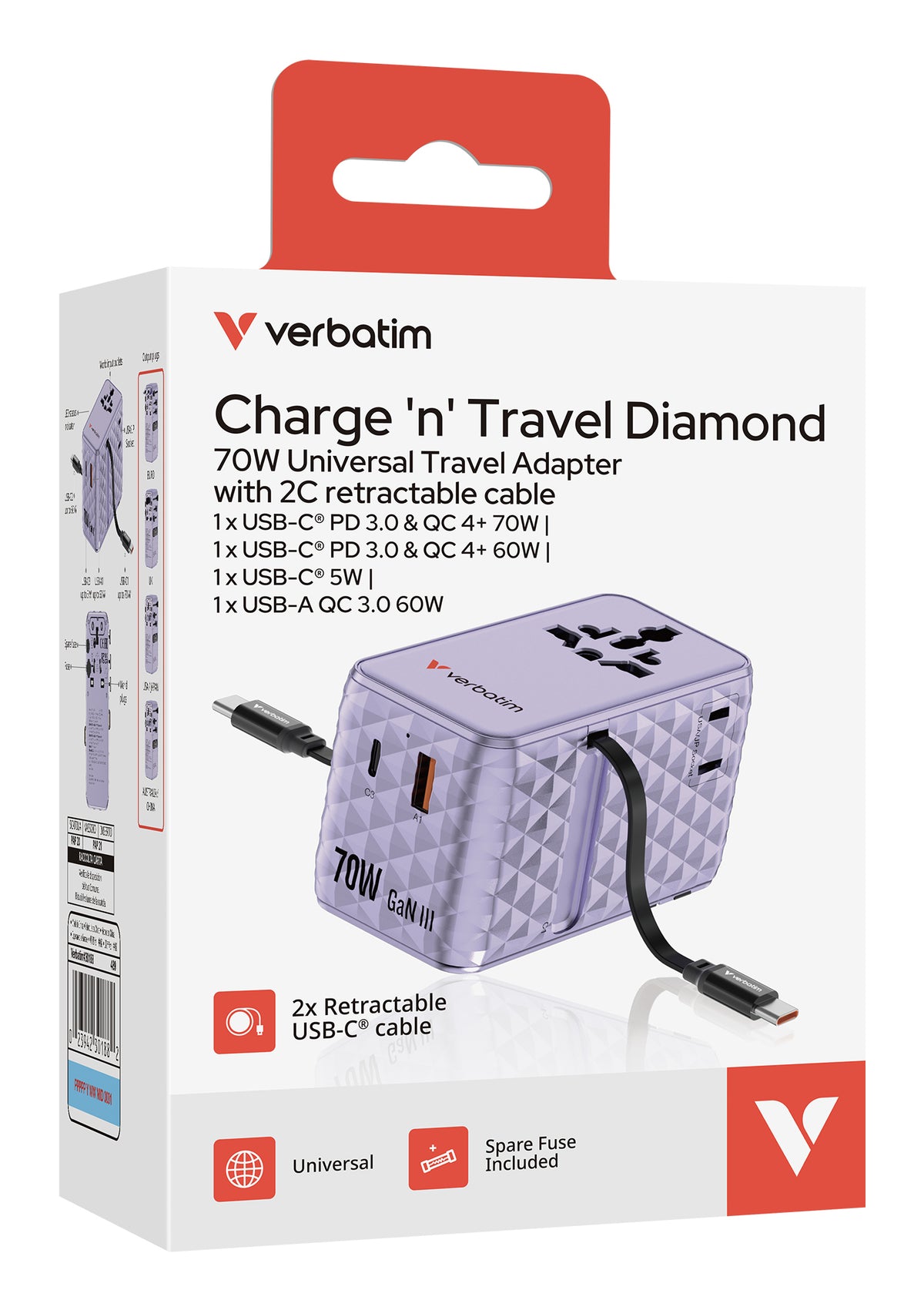 Verbatim Charge 'n' Travel 70W Adaptateur Secteur Universel Violet Charge Rapide