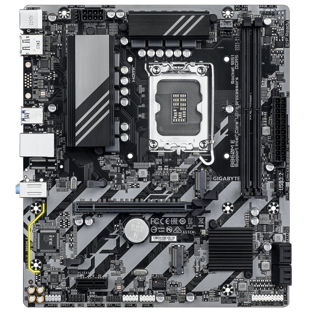 GIGABYTE B860M E Carte Mère - Processeurs Intel Core Ultra Series, VRM 4+1+2 phases, jusqu’à 8800MHz DDR5 (O.C), 2xPCIe 4.0 M.2, LAN 1GbE, USB 3.2 Gen 1 - vue 2