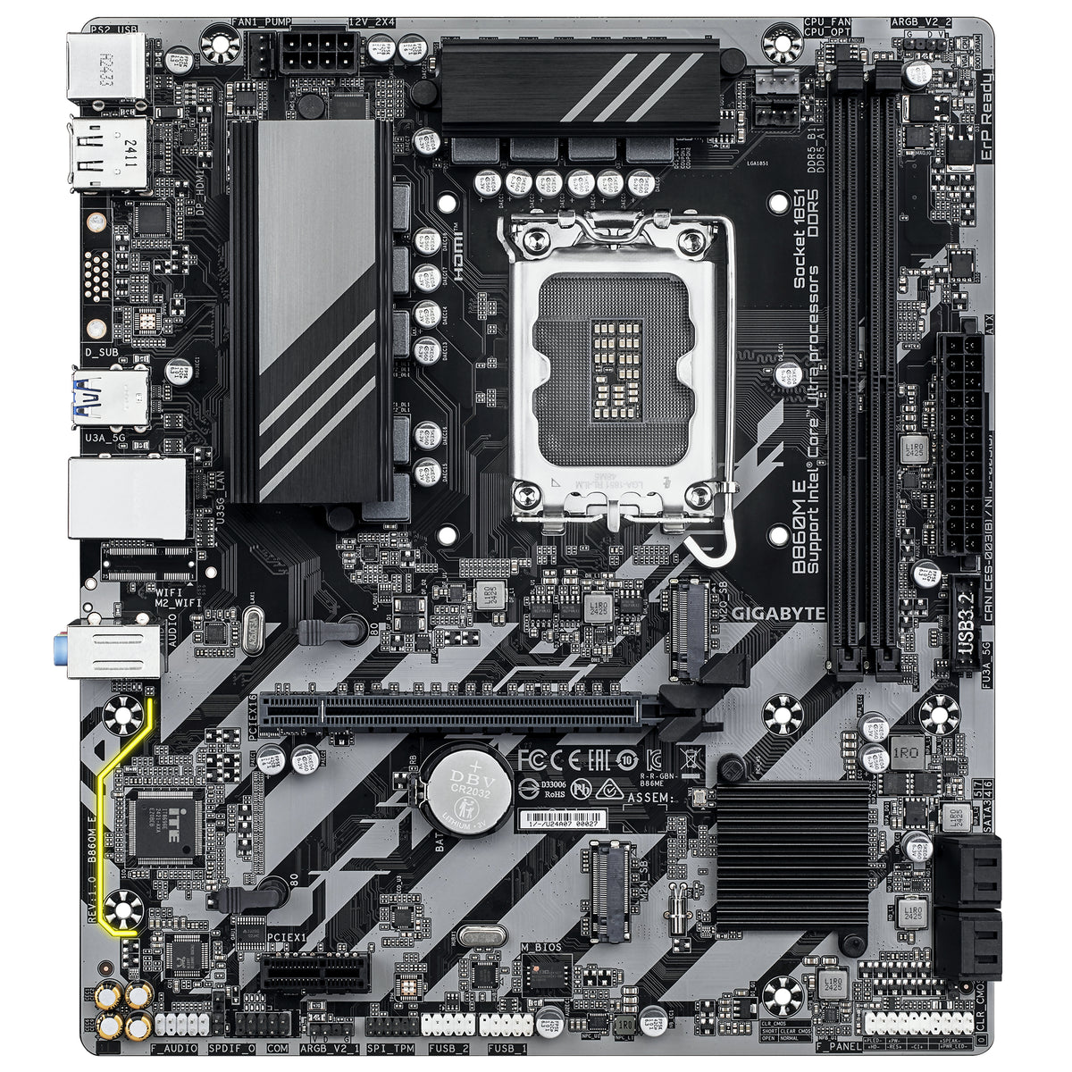 GIGABYTE B860M E Carte Mère - Processeurs Intel Core Ultra Series, VRM 4+1+2 phases, jusqu’à 8800MHz DDR5 (O.C), 2xPCIe 4.0 M.2, LAN 1GbE, USB 3.2 Gen 1 - vue 2