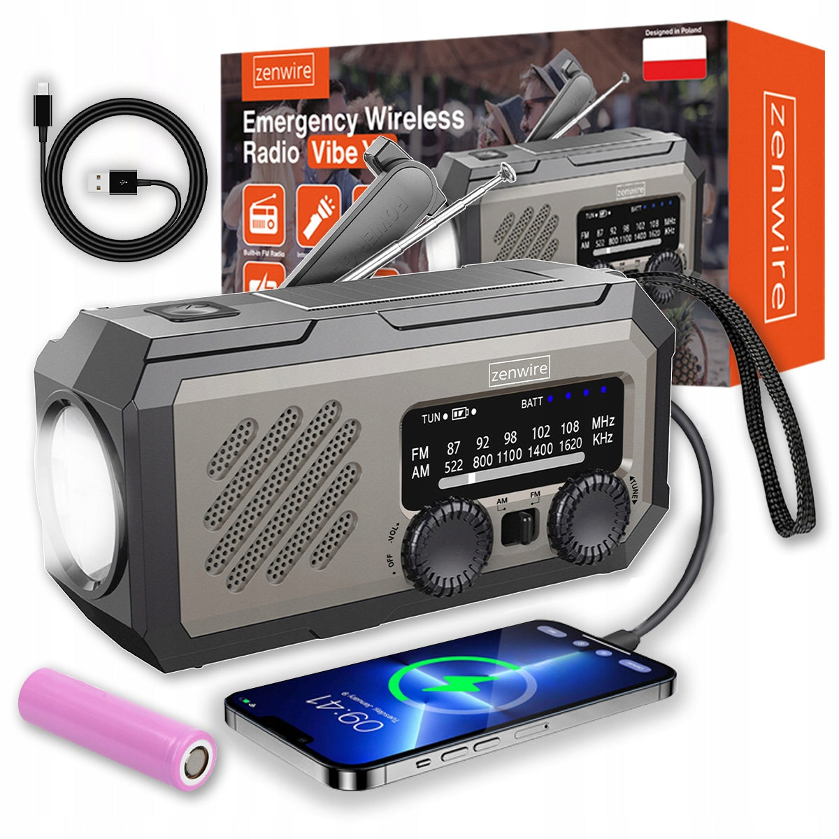Mini radio portable solaire d'urgence pour le chantier, à manivelle, avec piles et batterie externe Zenwire Vibe Y2
