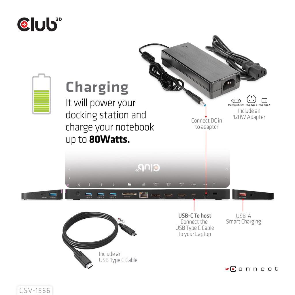 CLUB3D CSV-1566 Station d'accueil USB 3.2 Gen 1 Type-C, Noir